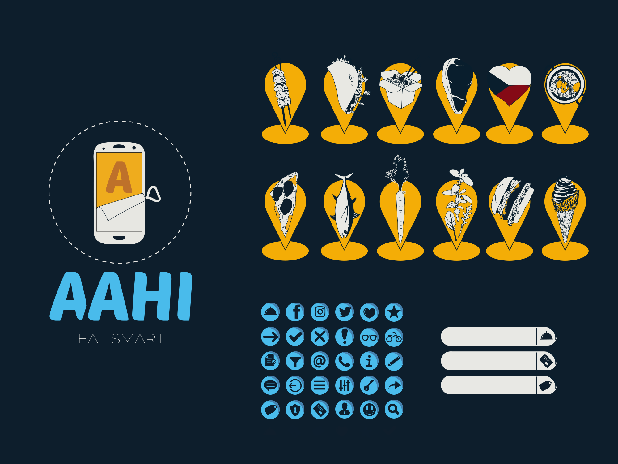 aahi app design, icons, ui kit, map pointer, logo design