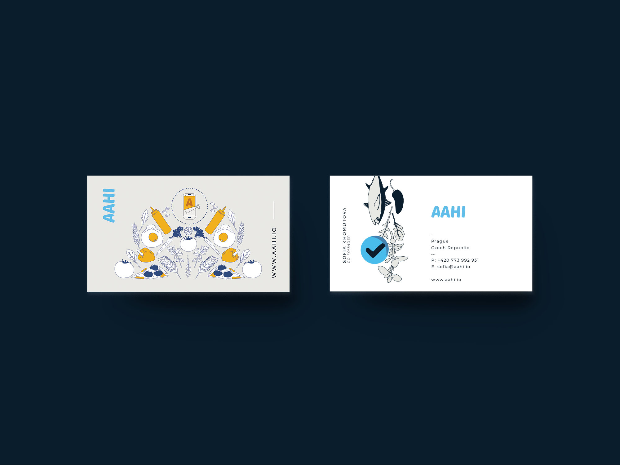 aahi app design, business cards, graphic design
