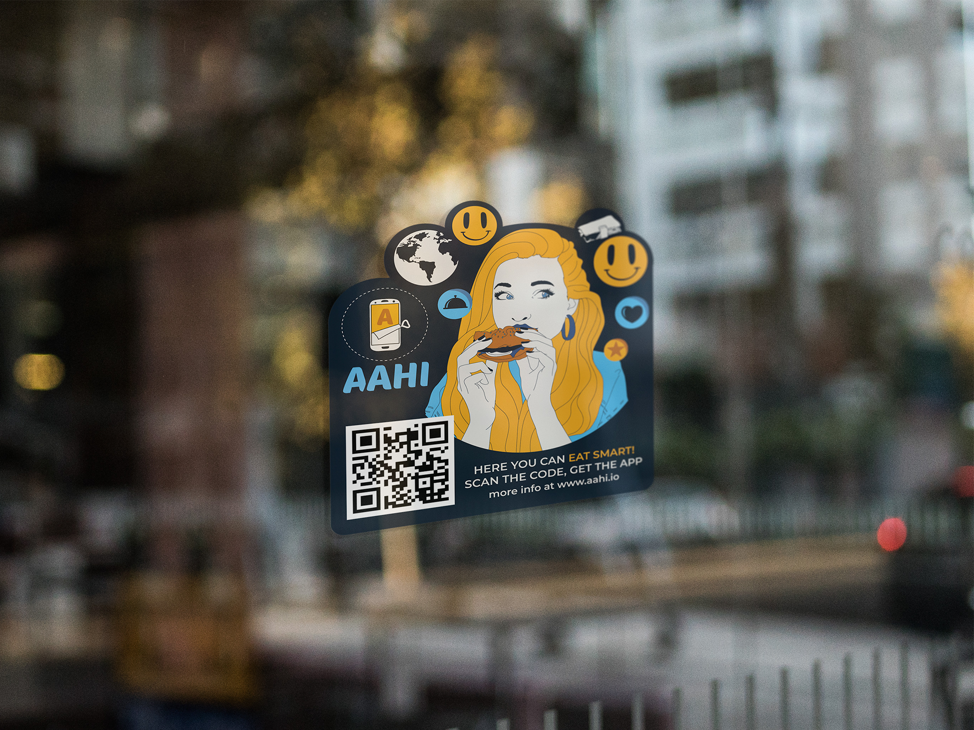 aahi app design, window stickers, graphic design